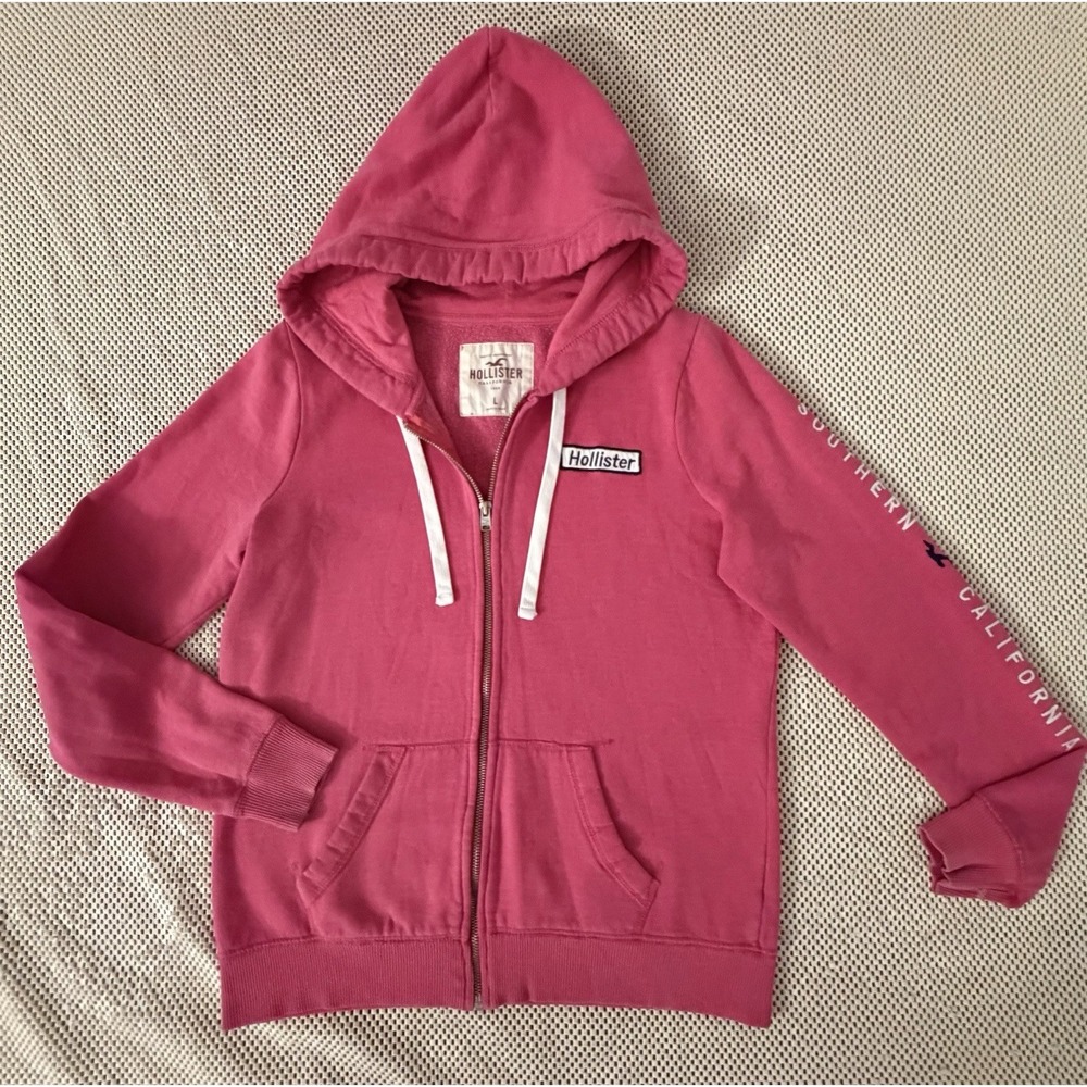 VTG Hollister Hoodie Y2K Surf Pink Full Zip Sweatshirt Sz L Southern California